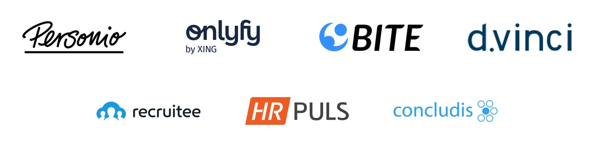 Logos der Bewerbermanagementsysteme Personio, onlyfy by XING, BITE, d.vinci, Recruitee, HR Puls und concludis