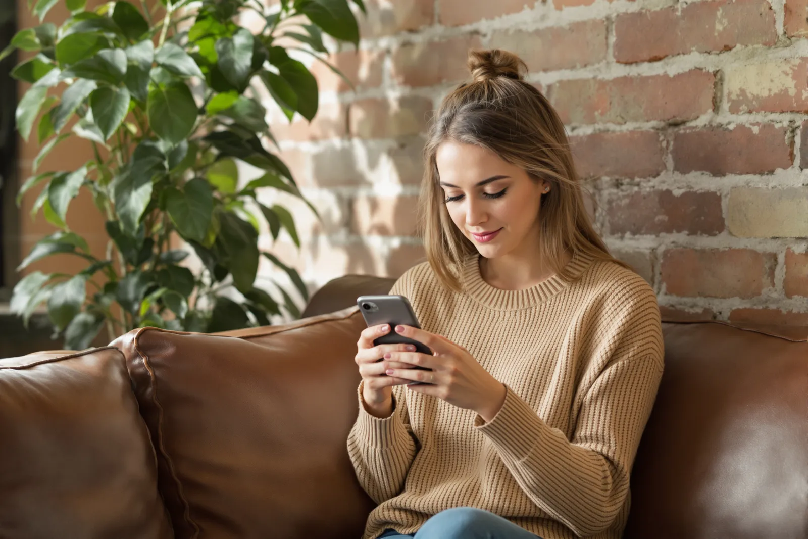 Frau auf einem Sofa schaut auf ihr Smartphone — Bewerbung per Handy