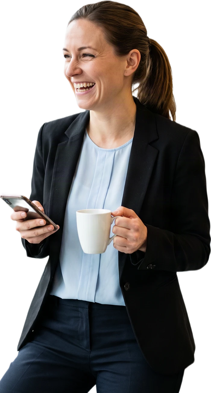 Kaufmännische Fachkraft lacht zur Seite, das Handy in der einen, die Kaffeetasse in der anderen Hand